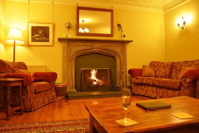 Chatting by the fire at Winton Cottage near Edinburgh